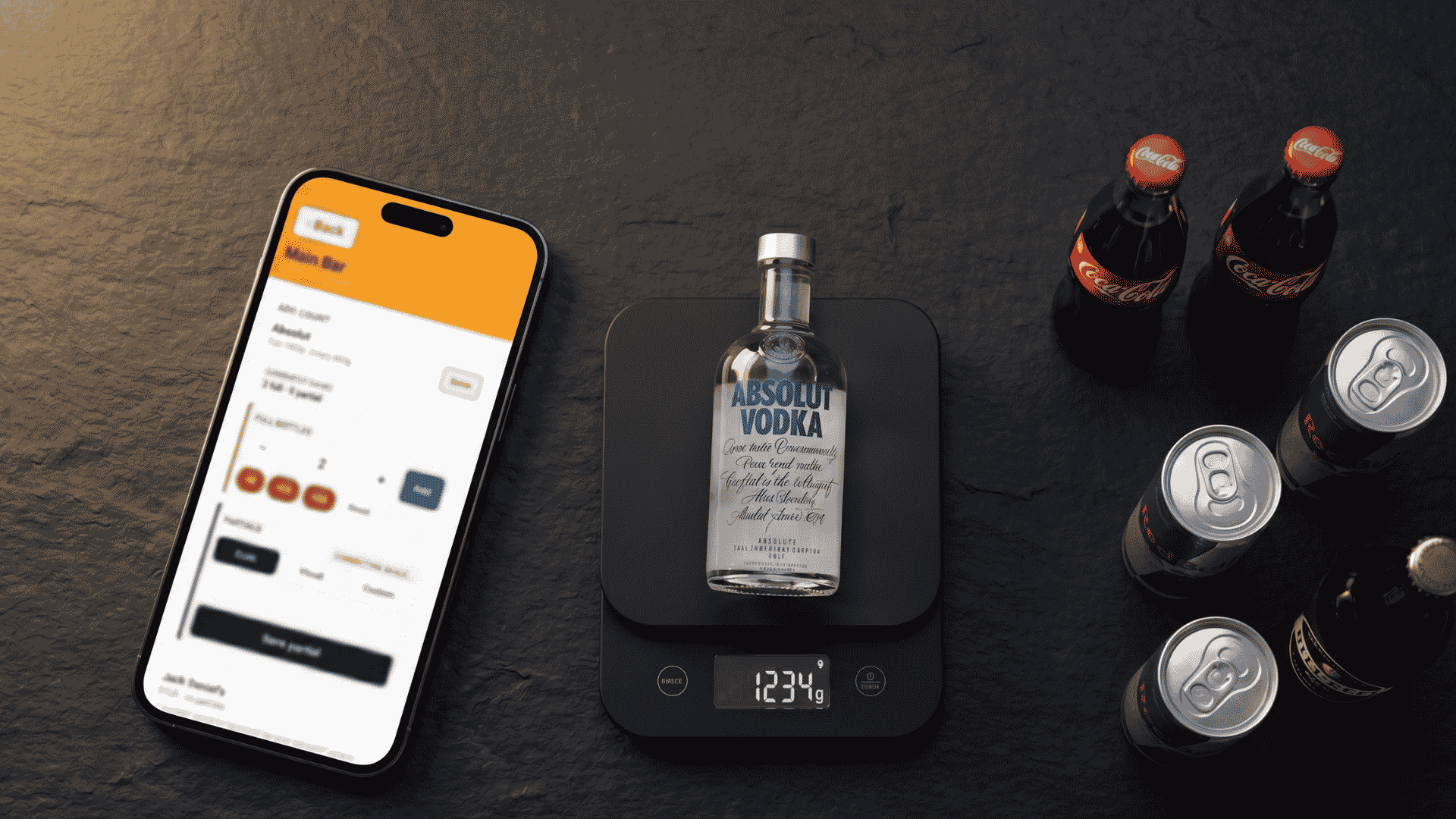 Pourmetrics SpotCheck running at the bar — a phone, a Bluetooth scale, and the products being checked.