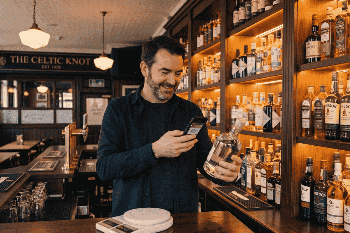 A bar manager with a phone checking spirits on a backlit shelf.